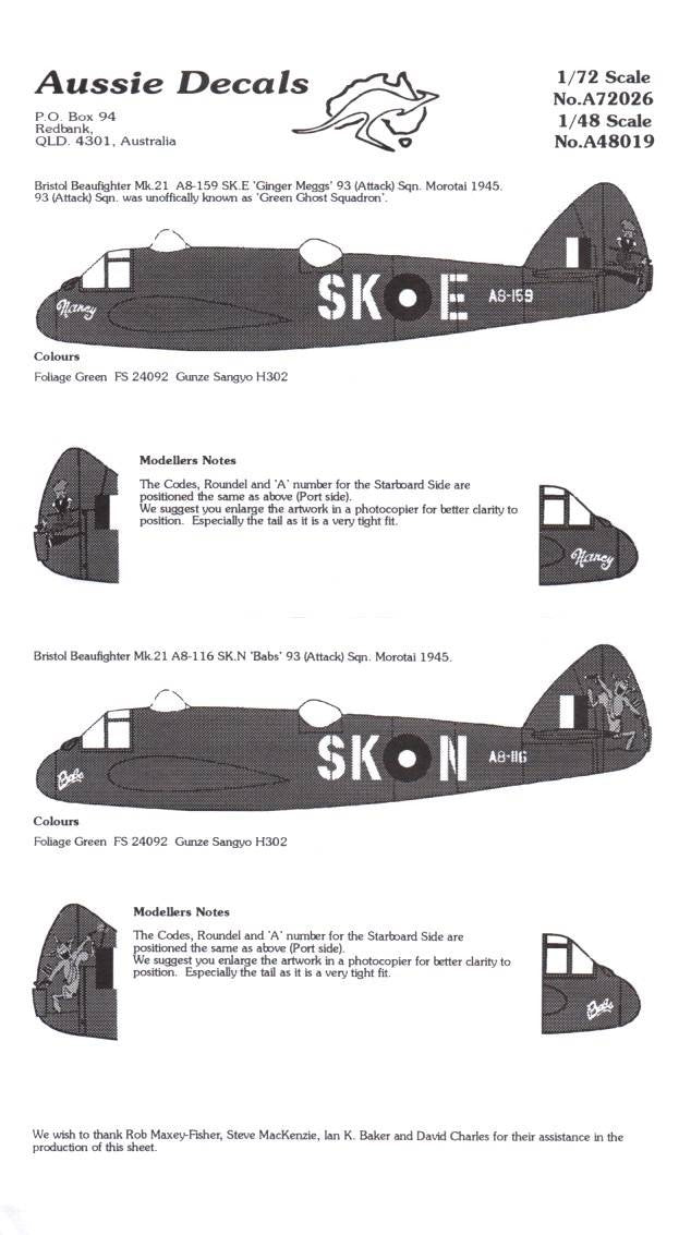 Aussie Decals [A48-019] RAAF Beaufighters, 1/48