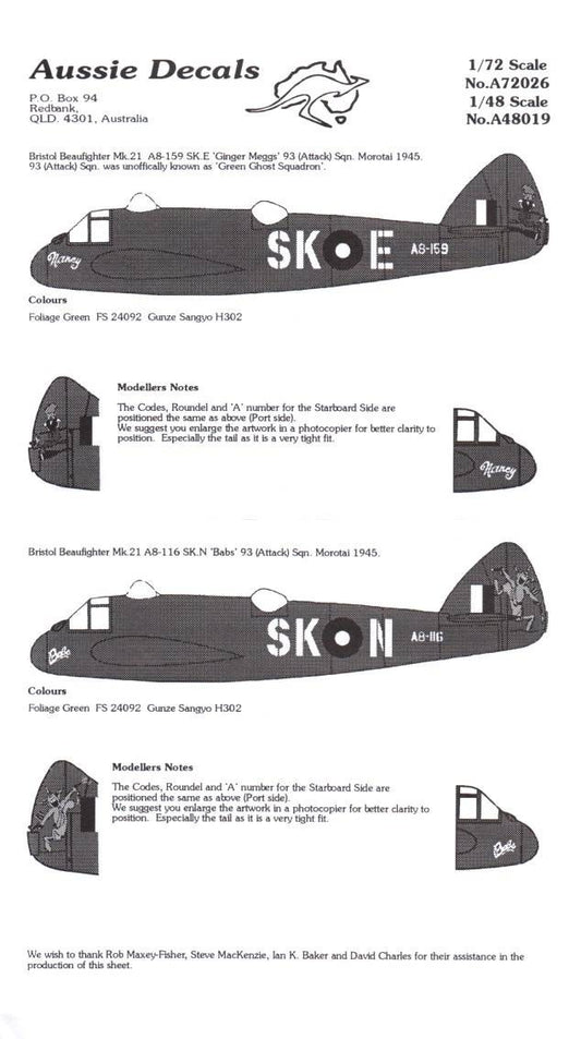 Aussie Decals [A48-019] RAAF Beaufighters, 1/48