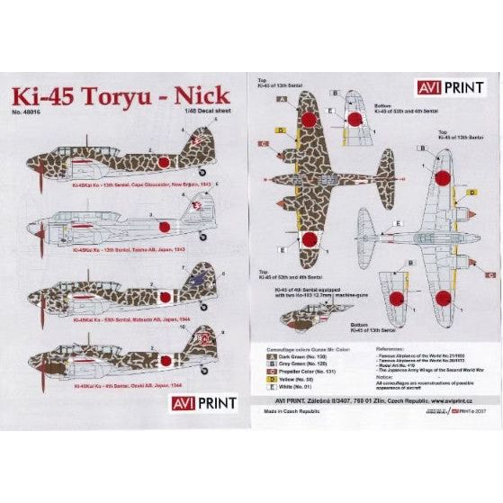 Avi Print [48016] Ki-45 Kai Ko (A) Toryu (Nick), 1/48