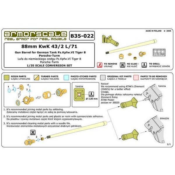 Armorscale [B35-022] 88mm KwK 43/2 L/71 – for Pz.Kpfw.VI Tiger B Porsche-Turm, 1/35