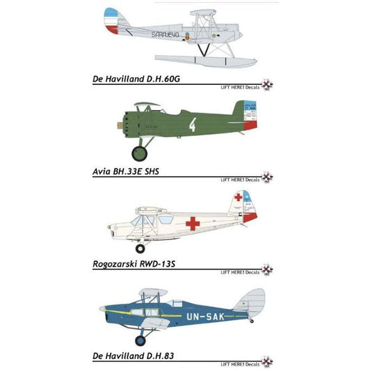 Lift Here [704-LH] "Classics" Royal Yugo. A/C Pt.4, DH60, BH33E, RWD-13S, DH.83, Bu-131, Hind K9, Bf-108B, Spit Mk.IXC, 1/72 ↨