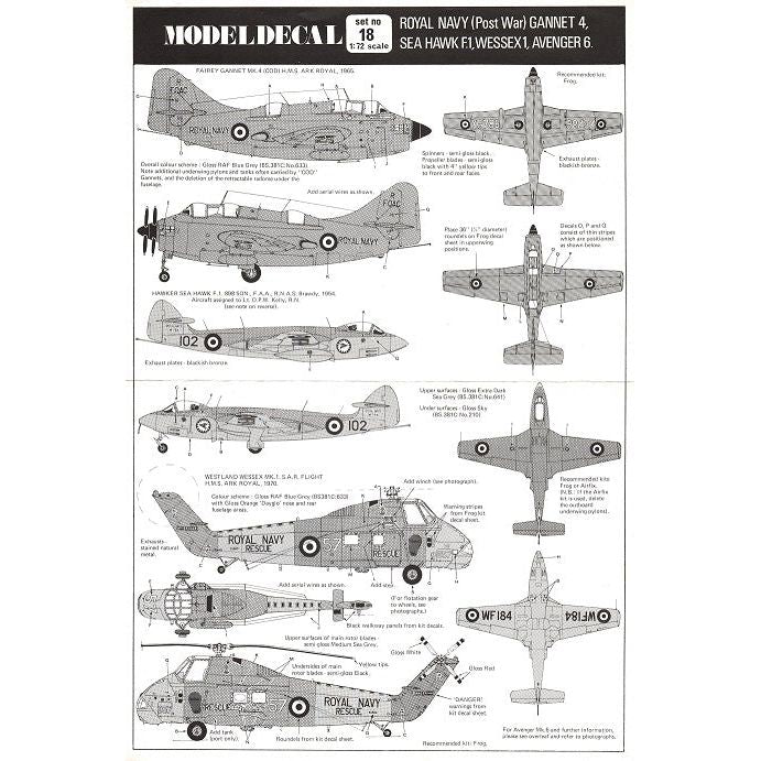 Model Decal [#18] RN Gannet 4, Sea Hawk F.1, Wessex & Avenger, 1/72