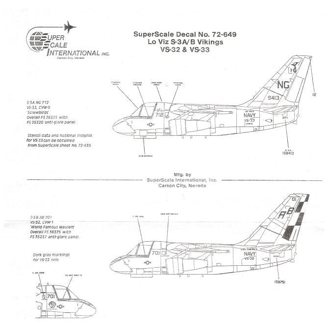 Superscale [MD72-649] S-3A/B Vikings (low-vis markings) VS-32 & VS-33, 1/72