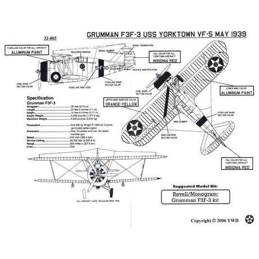 Yellow Wing Decals [32-003] USN Frumman F3F-3, 1/32
