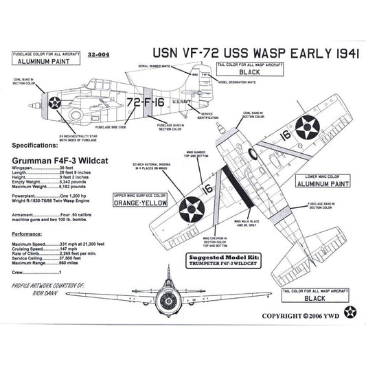 Yellow Wing Decals [32-004] USN F4F-3 Wildcat - USS Ranger & USS Wasp, 1/32