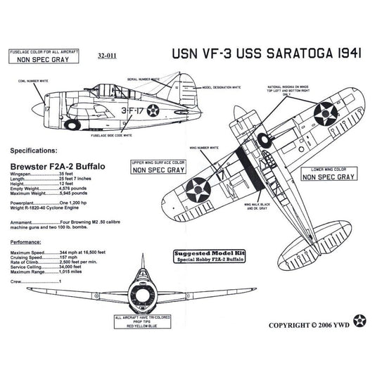 Yellow Wing Decals [32-011] F2A Buffalo - USS Lexington, USS Saratoga - early 1942, 1/32